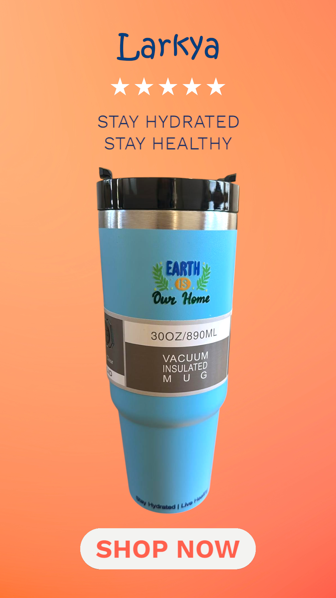 Light blue stainless steel reusable tumbler - 30OZ (890ML)