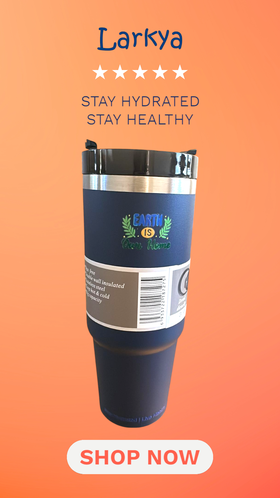 Navy blue stainless steel reusable tumbler - 30OZ (890ML)