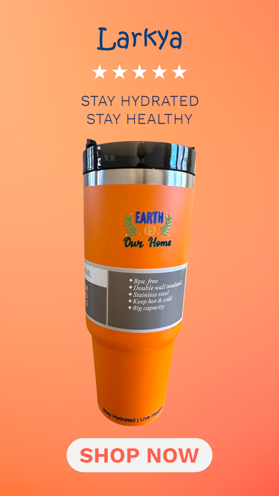 Orange stainless steel reusable tumbler - 30OZ (890ML)