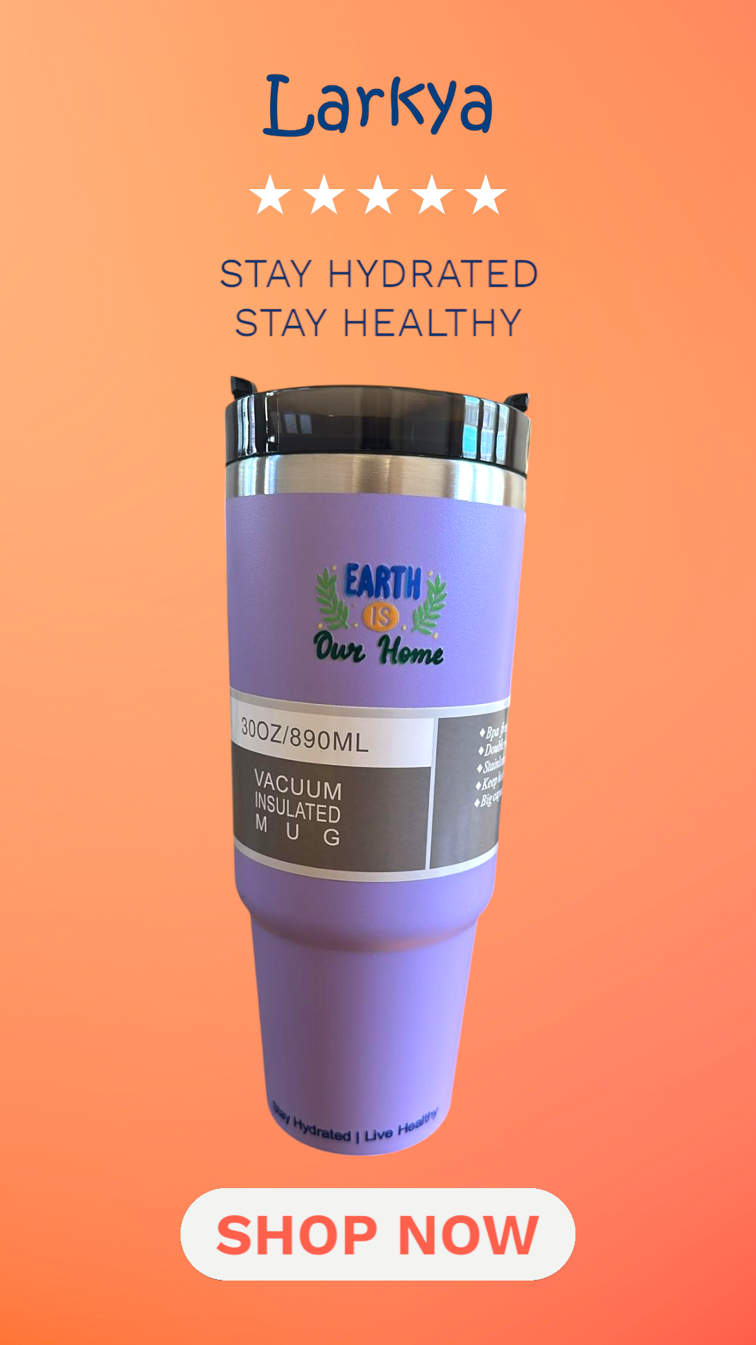Purple stainless steel reusable tumbler - 30OZ (890ML)