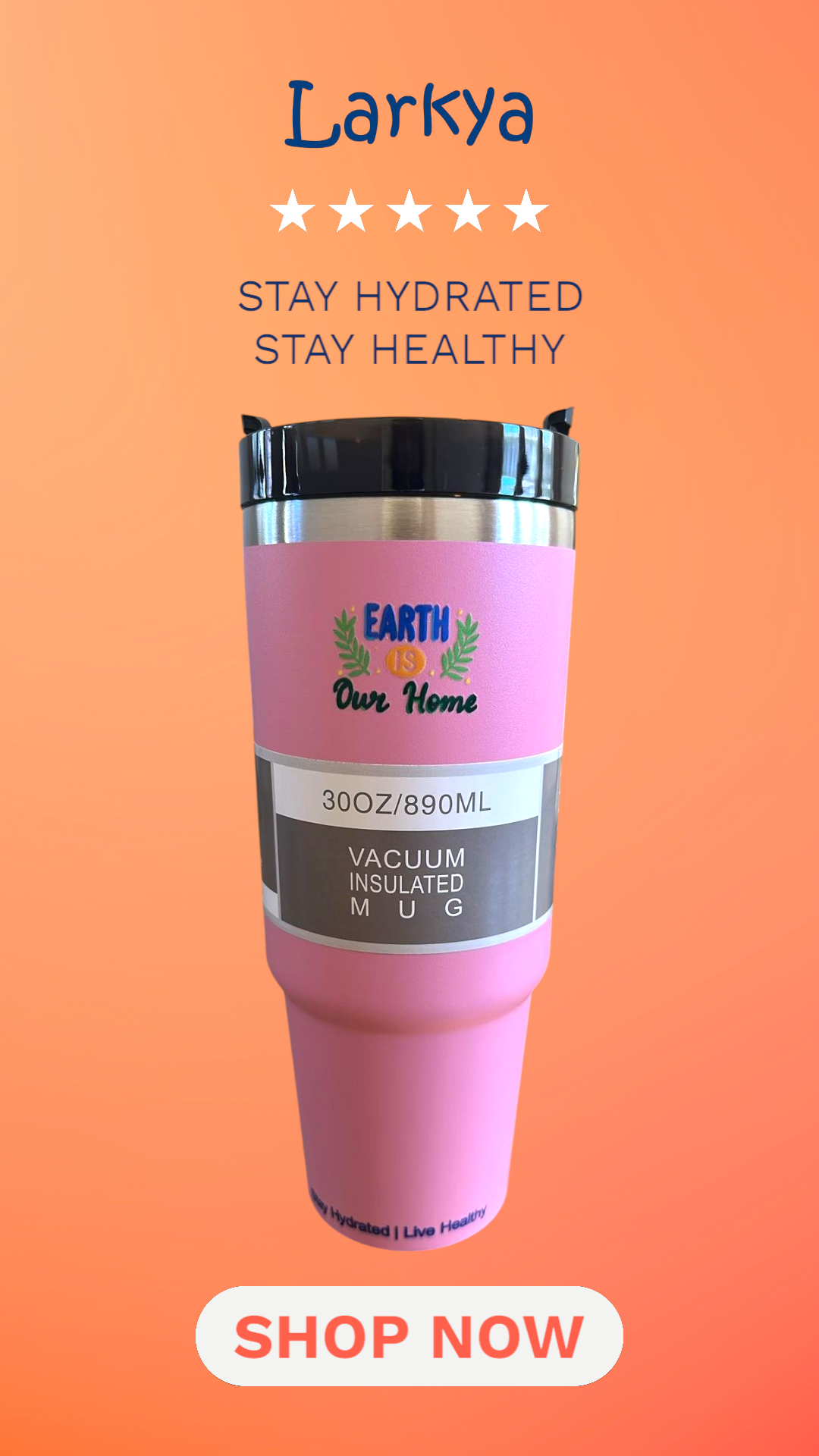 Pink stainless steel reusable tumbler - 30OZ (890ML)