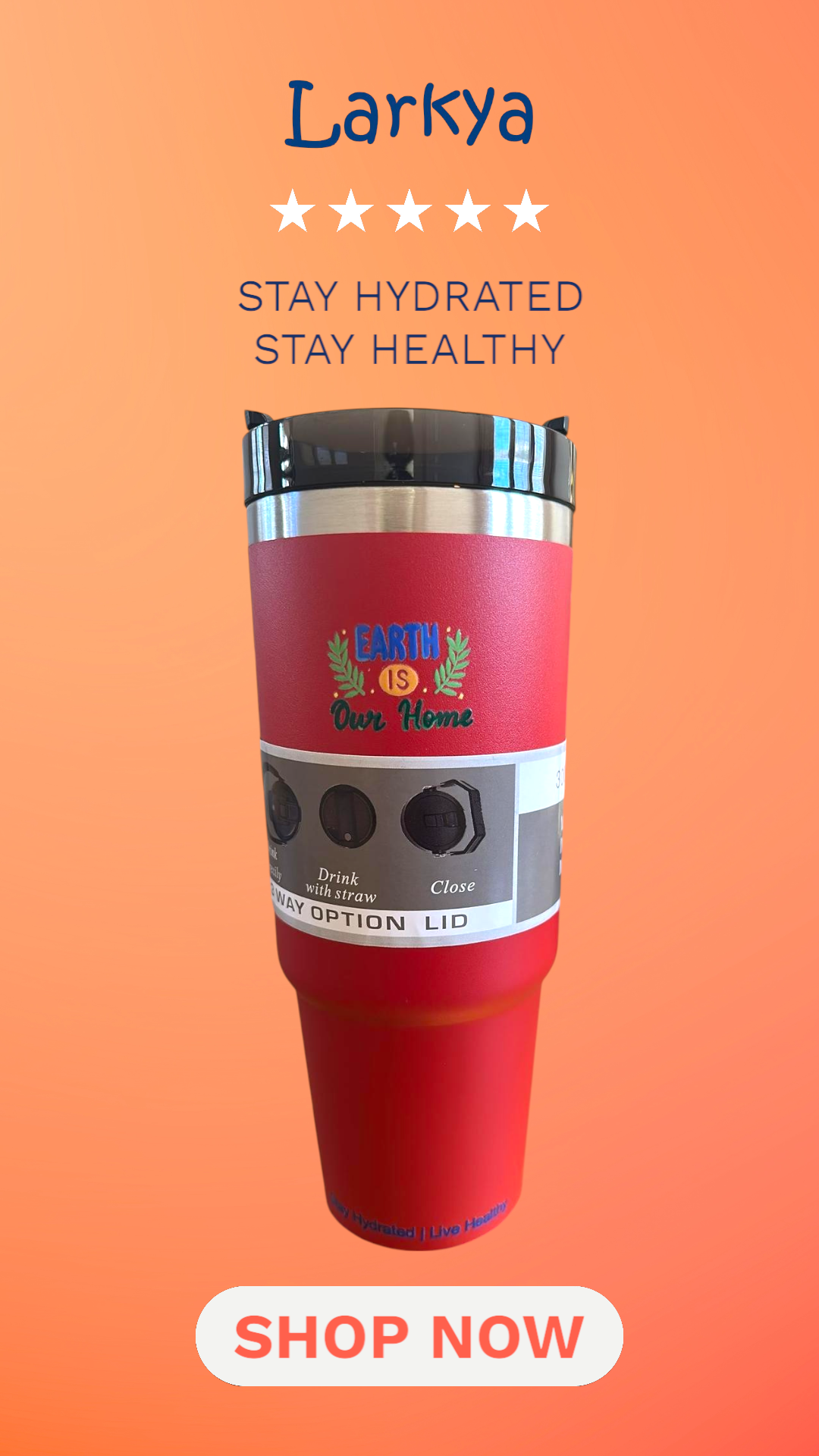 Red stainless steel reusable tumbler - 30OZ (890ML)