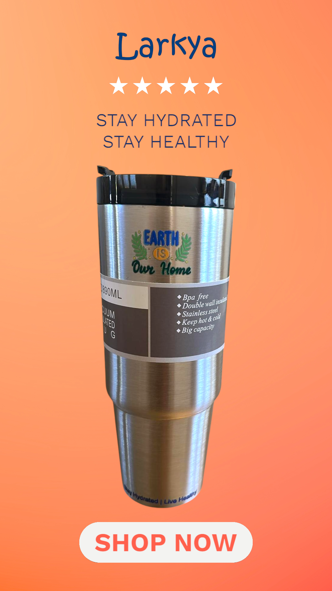 Silver stainless steel reusable tumbler - 30OZ (890ML)