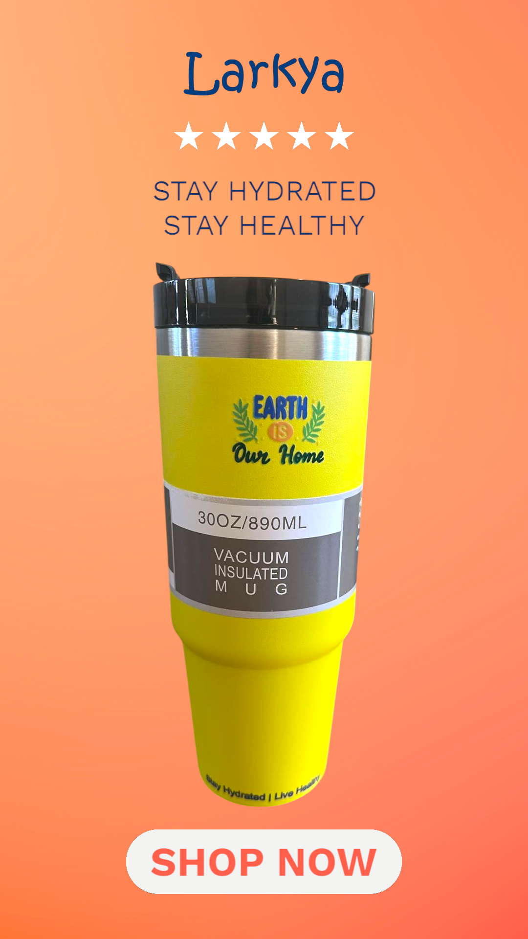 Yellow stainless steel reusable tumbler - 30OZ (890ML)